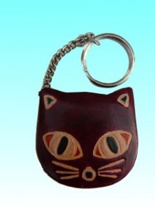 Porte clés avec porte monnaie chat en cuir