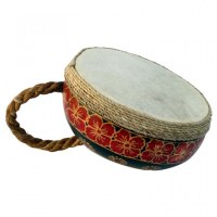 Mini drum with handle, coconutshell, leather and natural fiber