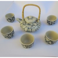 service à thé rond avec 5 tasses motifs bleus